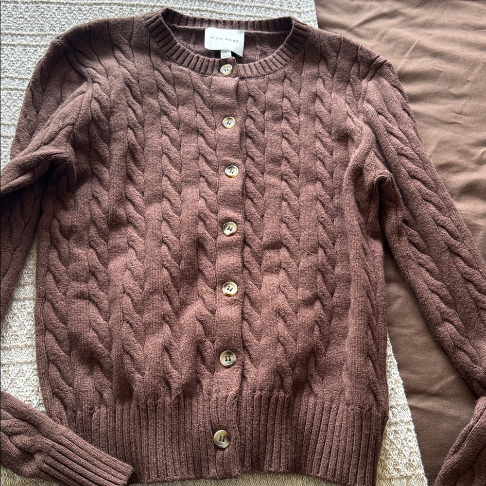 Pink Rose Women's Chocolate Cable Knit Cardigan - Picture 2 of 7